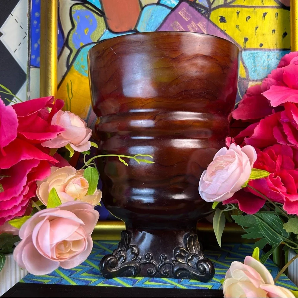 Large 10” Amber Planter Vase, Vintage Rococo Revival Base, Warm‎ Rustic Décor